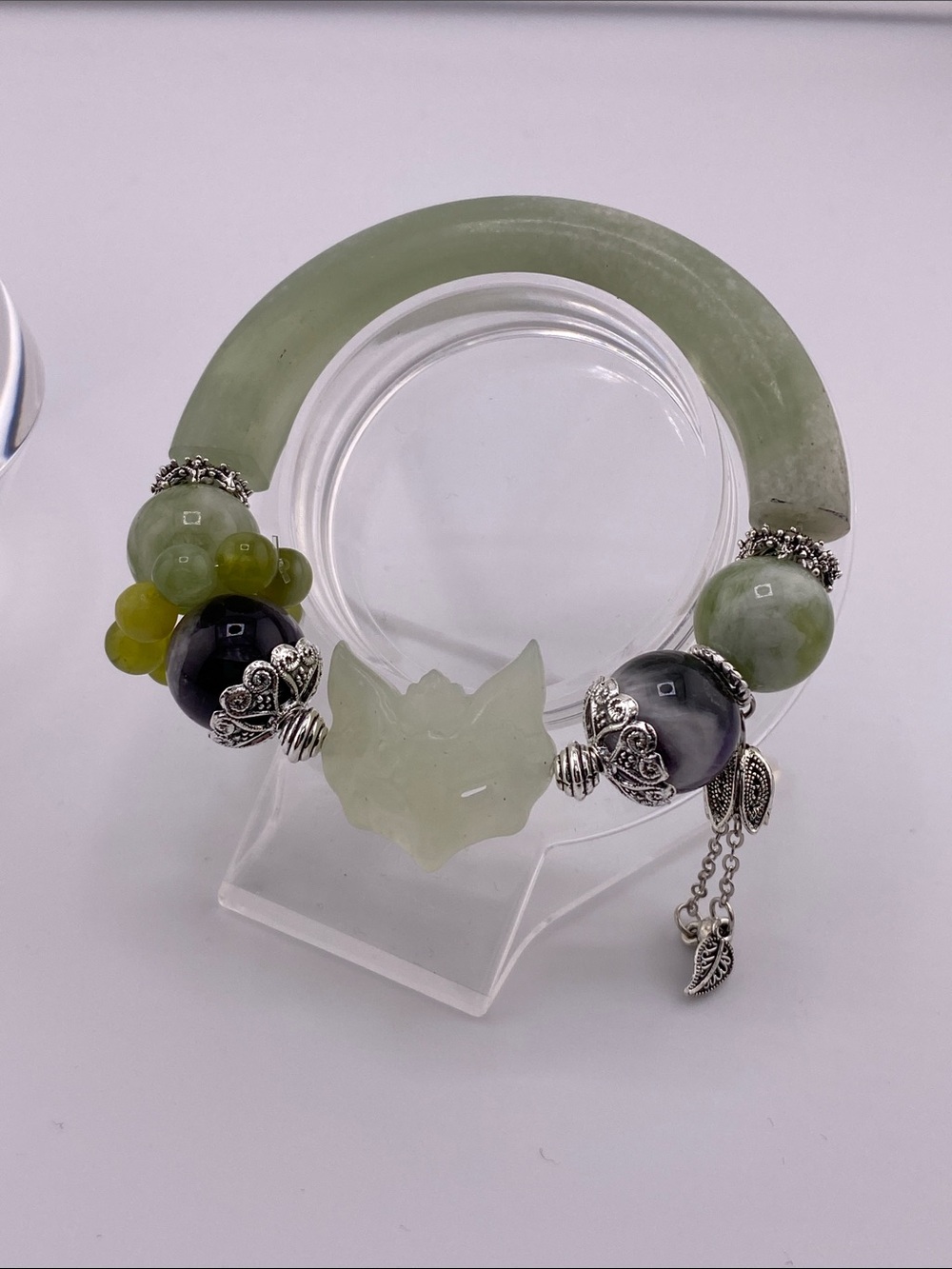 Green Quartz Half-Bangle Bracelet - Carved Fox & Silver Charms - The Gem Studio